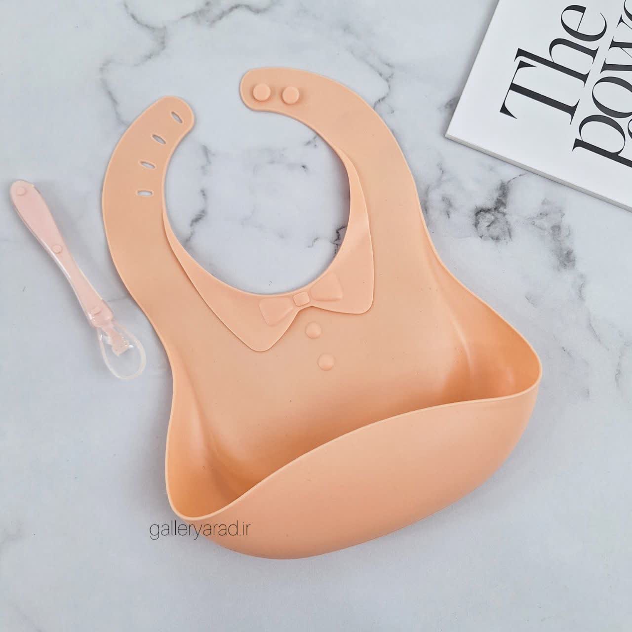 پیشبند و قاشق غذاخوری سیلیکونی صورتی