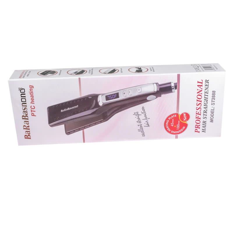 اتو مو باراباس نانو مدل ST2888، با صفحات پهن از جنس PTC، دارای دکمه‌ی روشن/خاموش، چرخش 360 درجه سیم انتهایی، قابلیت PTC برای جلوگیری از داغ شدن بیش از اندازه صفحات، به همراه سیم 1.5 متری